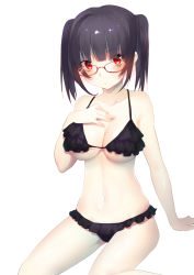 Rule 34 | 1girl, asagi yuna, bad id, bad pixiv id, bikini, black bikini, black hair, breasts, cleavage, collarbone, frilled bikini, frills, glasses, hand on own chest, highres, large breasts, looking at viewer, navel, original, pale skin, red-framed eyewear, red eyes, simple background, solo, swimsuit, twintails, underboob, white background