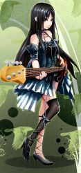 Rule 34 | 1girl, akiyama mio, asymmetrical clothes, bass guitar, beancurd, black eyes, black hair, blush, breasts, cross-laced footwear, dress, highres, hime cut, instrument, k-on!, k-on! movie, large breasts, long hair, looking at viewer, mouth hold, plectrum, single thighhigh, smile, solo, thighhighs