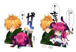 Rule 34 | 1boy, 1girl, arrow (symbol), bare shoulders, black ribbon, bongo cat, cloak, closed eyes, closed mouth, commentary request, curled horns, detached sleeves, dragon horns, elizabeth bathory (fate), elizabeth bathory (fate/extra ccc), elizabeth bathory (second ascension) (fate), fate/extra, fate/extra ccc, fate (series), green cloak, green eyes, hair over one eye, hair ribbon, heart, holding, holding microphone, horns, light brown hair, long hair, long sleeves, meme, microphone, motion blur, parted lips, pink hair, ribbon, robin hood (fate), shaded face, shirt, sleeveless, sleeveless shirt, sweat, translation request, twitter, two side up, white shirt, white sleeves, yuuzii