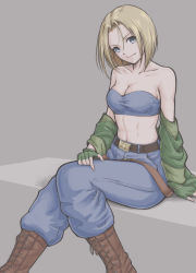 Rule 34 | 1girl, absurdres, belt, belt buckle, blonde hair, blue eyes, blue mary, boots, breasts, buckle, cleavage, denim, fatal fury, gloves, highres, jeans, medium breasts, navel, pants, short hair, sitting, snk, solo, strapless, the king of fighters, tube top, tyanoki