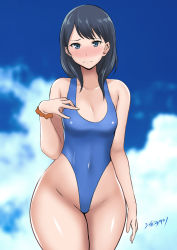 Rule 34 | 10s, 1girl, bare shoulders, black hair, blue eyes, blush, breasts, cloud, day, full-face blush, gridman universe, highres, hip focus, long hair, looking at viewer, medium breasts, one-piece swimsuit, red scrunchie, scrunchie, shibusun, solo, ssss.gridman, standing, swimsuit, takarada rikka, thighs, wide hips, wrist scrunchie