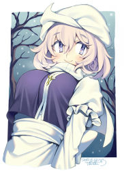 Rule 34 | 1girl, artist name, blue eyes, blush, breasts, closed mouth, dated, iroyopon, large breasts, letty whiterock, long sleeves, looking at viewer, short hair, signature, silver hair, smile, snow, snowing, solo, touhou, tree, upper body, white headwear
