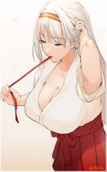 Rule 34 | 1girl, adjusting hair, armpits, breasts, character request, cleavage, closed eyes, from above, fuwafuwatoufu, hair ribbon, hakama, hakama skirt, highres, in mouth, japanese clothes, kantai collection, large breasts, ribbon, skirt, white hair