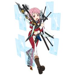 Rule 34 | 1girl, axe, boots, dagger, full body, hair ornament, hairclip, highres, holding, holding axe, holding dagger, holding knife, holding sword, holding weapon, holographic interface, interface, knife, lisbeth (sao), long sleeves, mace, official art, open mouth, pink eyes, pink hair, red eyes, short hair, solo, sword, sword art online, too many, transparent background, weapon