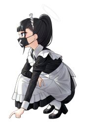 Rule 34 | 1girl, 28 (282teeth), absurdres, alternate costume, apron, black dress, black hair, black mask, blue archive, blunt bangs, dress, enmaided, from side, halo, highres, long sleeves, looking ahead, maid, maid headdress, mask, mouth mask, ponytail, simple background, solo, squatting, sukeban (smg) (blue archive), tiptoes, white apron, white background, x