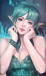 Rule 34 | 1girl, aqua eyes, aqua hair, artist name, bad id, bad pixiv id, blue eyes, blue hair, bracelet, breasts, cleavage, deviantart username, head tilt, jewelry, large breasts, lips, looking at viewer, magion02, matching hair/eyes, nose, original, parted lips, pointy ears, signature, smile, solo, teeth, upper body