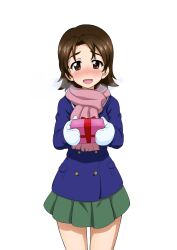 Rule 34 | 1girl, blue coat, blush, brown eyes, brown hair, coat, gift, girls und panzer, green skirt, highres, holding, holding gift, key (gaigaigai123), long sleeves, looking at viewer, mittens, open mouth, pink scarf, pleated skirt, sawa azusa, scarf, short hair, simple background, skirt, smile, solo, white background, white mittens