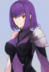 Rule 34 | 1girl, absurdres, alternate costume, alternate hairstyle, armor, bodysuit, breasts, fate/grand order, fate (series), hair intakes, highres, large breasts, leotard, light smile, looking at viewer, moedredd, purple bodysuit, purple hair, purple leotard, red eyes, scathach (fate), scathach skadi (fate), short hair, shoulder armor, simple background, solo