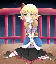 Rule 34 | 1girl, bad id, bad pixiv id, blonde hair, blush, bridge, female focus, green eyes, hammer (sunset beach), have to pee, long pointy ears, mary janes, mizuhashi parsee, pointy ears, scarf, shoes, short hair, sitting, skirt, solo, touhou, v arms, wariza, white scarf