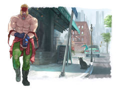 Rule 34 | 1boy, 1girl, abs, alex (street fighter), black gloves, blonde hair, blue eyes, boots, can, cityscape, clothes around waist, combat boots, commentary request, dog, drink can, facial tattoo, fingerless gloves, friendly mutton chops, glove pull, gloves, green pants, headband, highres, mouth hold, mullet, muscular, pants, patricia (street fighter), plaid, plaid shirt, red headband, scar, shirt, shirt around waist, soda can, solo focus, sora-bakabon, street fighter, street fighter iii (series), street fighter v, suspenders hanging, tattoo, veins, walking