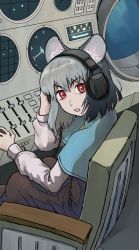 Rule 34 | 1girl, animal ear fluff, animal ears, blue capelet, capelet, commentary, computer, dress, feet out of frame, grey dress, grey hair, harapan-kun, headphones, highres, long sleeves, looking at viewer, looking to the side, mouse ears, mouse girl, nazrin, open mouth, radar, red eyes, shirt, short hair, solo, submarine interior, touhou, white shirt
