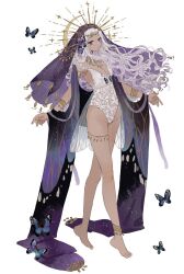 Rule 34 | 1girl, armlet, bare arms, bare legs, barefoot, bity3155660241, black butterfly, breasts, bug, butterfly, butterfly on head, circlet, cleavage cutout, closed mouth, clothing cutout, coif, commentary, crescent, crossed legs, dark-skinned female, dark skin, full body, gold bracelet, gold headwear, gold necklace, hair lift, insect, jewelry, leglet, light frown, long hair, necklace, one-piece swimsuit, original, purple eyes, purple hair, purple shawl, purple veil, shawl, simple background, small breasts, solo, swimsuit, symbol-only commentary, tiara, toenails, toes, wavy hair, white background, white nails, white one-piece swimsuit