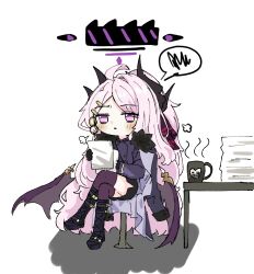 Rule 34 | 1girl, :&lt;, ahoge, bags under eyes, black gloves, blue archive, blush, boots, chair, chibi, coffee mug, crossed legs, cup, demon horns, demon wings, e v e neko, gloves, hair ornament, hair ribbon, hairclip, halo, highres, hina (blue archive), holding, holding paper, horns, jacket, jacket on shoulders, knee boots, kneehighs, long bangs, long hair, mechanical halo, mug, paper, paper stack, parted lips, ponytail, purple shirt, ribbon, shirt, sigh, sitting, socks, table, very long hair, white hair, wings