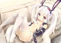 Rule 34 | 1girl, animal ears, azur lane, bare shoulders, bikini, bikini top only, bikini under clothes, black hairband, black jacket, black sleeves, blush, cellphone, commentary request, couch, detached sleeves, feet, frilled pillow, frills, hair between eyes, hairband, highres, holding, holding phone, jacket, knees up, laffey (azur lane), laffey (retrofit) (azur lane), long hair, long sleeves, looking at viewer, lying, maru shion, navel, on back, on couch, open clothes, open jacket, open mouth, panties, pantyshot, phone, pillow, pleated skirt, purple eyes, rabbit ears, skirt, sleeveless, sleeveless jacket, solo, swimsuit, thighhighs, twintails, underwear, very long hair, white bikini, white hair, white panties, white skirt, white thighhighs