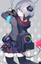 Rule 34 | 1girl, ahoge, armband, backpack, bag, black footwear, black thighhighs, blue eyes, bomb, bombergirl, cape, closed mouth, collared shirt, cowboy shot, doll, explosive, expressionless, from behind, fuse, gray (bombergirl), grey background, grey hair, hair over one eye, helmet, holding, holding bomb, hood, hoodie, kneeling, lit fuse, long sleeves, looking at viewer, looking back, medium hair, patterned background, purple skirt, red cape, sasa onigiri, shirt, skirt, solo, thighhighs, thighs, white shirt, zettai ryouiki, zipper