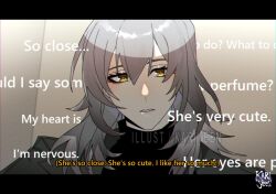 Rule 34 | 1girl, black sweater, chromatic aberration, coat, commentary, english commentary, english text, female pov, grey coat, grey hair, highres, honkai: star rail, honkai (series), kari yen, letterboxed, long hair, looking at viewer, parted lips, pov, solo, stelle (honkai: star rail), sweater, trailblazer (honkai: star rail), turtleneck, turtleneck sweater, upper body, yellow eyes