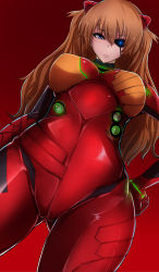 Rule 34 | 1girl, alternate breast size, blue eyes, bodysuit, breasts, breasts apart, cameltoe, closed mouth, cowboy shot, crotch seam, evangelion: 3.0 you can (not) redo, eyepatch, from below, glowing, gluteal fold, gradient background, hair between eyes, hand on own hip, headgear, highres, interface headset, large breasts, long hair, looking at viewer, multicolored bodysuit, multicolored clothes, neon genesis evangelion, neon trim, orange bodysuit, orange hair, pilot suit, plugsuit, rebuild of evangelion, red background, red bodysuit, saketanuki, serious, skin tight, solo, souryuu asuka langley, standing, test plugsuit, thighs, two side up, v-shaped eyebrows, wavy hair