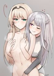 Rule 34 | 2girls, ;q, ak-12 (girls&#039; frontline), an-94 (girls&#039; frontline), artificial eye, beruko14, blonde hair, blush, braid, breasts, clothed female nude female, collarbone, covering privates, covering breasts, french braid, girls&#039; frontline, green eyes, hairband, hand on another&#039;s hand, highres, implied fingering, long hair, long sleeves, looking at another, mechanical eye, multiple girls, navel, nude, one eye closed, out-of-frame censoring, ponytail, purple eyes, signature, silver hair, simple background, small breasts, sweat, swimsuit, tongue, tongue out, yuri