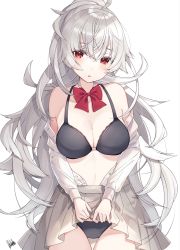 Rule 34 | 1girl, :o, ahoge, bad id, bad pixiv id, bare shoulders, black bra, black panties, bow, bowtie, bra, breasts, cleavage, clothes lift, commentary request, cowboy shot, dress shirt, grey skirt, head tilt, large breasts, lifted by self, long hair, long sleeves, looking at viewer, miniskirt, off shoulder, open clothes, open shirt, original, panties, parted lips, pleated skirt, ponytail, red bow, red bowtie, red eyes, ringozaka mariko, shirt, signature, silver hair, skirt, skirt lift, solo, standing, thigh gap, thighs, underwear, very long hair, wavy hair, white shirt