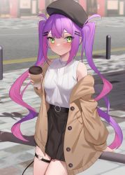 Rule 34 | 1girl, beret, black hat, black skirt, blush, breasts, brown cardigan, cardigan, closed mouth, colored inner hair, cowboy shot, cup, green eyes, hair ornament, hairclip, hat, highres, holding, holding cup, hololive, jmao, long hair, looking at viewer, multicolored hair, multicolored nails, nail polish, o-ring, o-ring thigh strap, open cardigan, open clothes, pink hair, pleated skirt, pointy ears, purple hair, shirt, skirt, sleeveless, sleeveless shirt, solo, thigh strap, tokoyami towa, twintails, very long hair, virtual youtuber, white shirt
