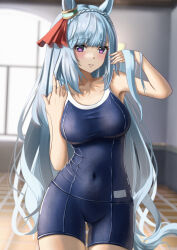 Rule 34 | 1girl, aimi (tikichin0229), animal ears, backlighting, blue hair, blue one-piece swimsuit, blunt bangs, blurry, blurry background, bow, braid, breasts, commentary request, competition school swimsuit, covered navel, cowboy shot, crown braid, day, depth of field, ear ornament, ear ribbon, fingernails, gluteal fold, hand in own hair, hands up, horse ears, horse girl, horse tail, indoors, large breasts, long fingernails, long hair, looking at viewer, mejiro ardan (umamusume), one-piece swimsuit, parted lips, purple eyes, red ribbon, ribbon, school swimsuit, sidelocks, smile, solo, standing, sunlight, swimsuit, tail, taut clothes, taut swimsuit, tile floor, tiles, tracen swimsuit, umamusume, very long hair, window