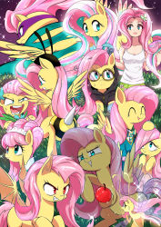 Rule 34 | 1girl, aged down, apple, aqua eyes, caibao return, commentary, dark persona, fairy, fairy wings, fluttershy, food, fruit, highres, long hair, multicolored hair, multiple persona, my little pony, my little pony: equestria girls, my little pony: friendship is magic, open mouth, personification, pink hair, pointy ears, red eyes, sidelocks, sparkle, sweatdrop, swept bangs, tears, vampire, wings