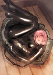 Rule 34 | 1girl, bag, black eyes, blush, bodysuit, breasts, commentary request, duffel bag, eyelashes, gloves, hair between eyes, hair in own mouth, highres, in bag, in container, kilye kairi, large breasts, latex, latex bodysuit, latex gloves, lying, on floor, on side, original, parted lips, pink hair, short hair, skin tight, solo, steam, sweat