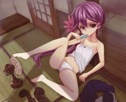 Rule 34 | 10s, 1girl, akebono (kancolle), anchor symbol, bad id, bad pixiv id, bare shoulders, barefoot, bell, camisole, unworn clothes, collarbone, electric fan, hand fan, feet, flower, food, hair bell, hair flower, hair ornament, indoors, jingle bell, kantai collection, unworn legwear, licking, long hair, looking at viewer, lying, nanai, on back, panties, pleated skirt, popsicle, purple hair, school uniform, serafuku, side ponytail, skirt, solo, tatami, tongue, tongue out, underwear, underwear only, white panties