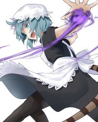 Rule 34 | 1girl, action, alternate costume, apron, back bow, black dress, black pantyhose, blue eyes, blue hair, blush, bow, dress, enmaided, frilled apron, frills, highres, isobee, kemono friends, kemono friends 3, long dress, magic, maid, maid headdress, official alternate costume, open mouth, pantyhose, puffy short sleeves, puffy sleeves, short hair, short sleeves, snake print, snake tail, solo, tail, tsuchinoko (kemono friends), white apron, white bow, white headwear