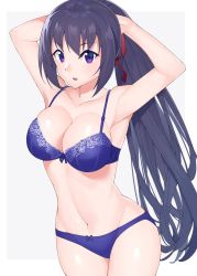 Rule 34 | 1girl, armpits, arms up, black hair, blue bra, blue panties, bow, bow bra, bow panties, bra, breasts, cleavage, closed mouth, cowboy shot, grey background, hair ribbon, highres, lace, lace-trimmed bra, lace trim, large breasts, long hair, looking at viewer, navel, open mouth, original, outside border, panties, ponytail, purple eyes, raitho, red ribbon, ribbon, sidelocks, solo, standing, tying hair, underwear, underwear only, very long hair
