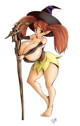 Rule 34 | 1girl, bad link, bare shoulders, barefoot, breasts, brown eyes, brown hair, cleavage, detached sleeves, dragon&#039;s crown, fusion, hat, huge breasts, impossible clothes, pinstripe pattern, pointy ears, randomboobguy, solo, sorceress (dragon&#039;s crown), staff, striped, thick thighs, thighs, tiki (dragon&#039;s crown), twintails, witch hat