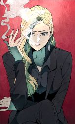 Rule 34 | 1girl, arm up, bad id, bad twitter id, black jacket, black shirt, blonde hair, blue eyes, business suit, character request, cigarette, collared shirt, copyright request, cross, cross earrings, crossed legs, earrings, formal, gado, highres, holding, holding cigarette, jacket, jewelry, long hair, long sleeves, looking at viewer, office lady, original, red background, shirt, sitting, smoke, smoke trail, smoking, solo, suit