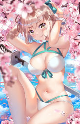 Rule 34 | 1girl, arms up, artist name, bangle, bare arms, bare shoulders, bikini, blurry, blurry foreground, blush, bow, bracelet, breasts, brown eyes, brown hair, cherry blossoms, cleavage, commentary request, depth of field, fate/grand order, fate (series), flower, green bow, hair bow, highleg, highleg bikini, highres, jewelry, katana, knee up, large breasts, layered bikini, looking at viewer, okita j. souji (fate), okita j. souji (third ascension) (fate), okita souji (fate), okita souji (koha-ace), pink flower, ripples, sheath, sheathed, sitting, skindentation, solo, squchan, swimsuit, sword, water, water drop, watermark, weapon, web address, white bikini