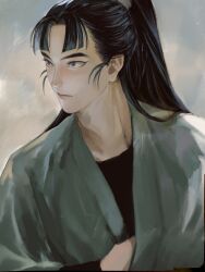Rule 34 | 1boy, black hair, blue eyes, closed mouth, hand under clothes, hand under shirt, high ponytail, highres, japanese clothes, long hair, looking away, looking to the side, male focus, ponytail, rakudai ninja rantarou, shirt, simple background, snr snr, solo, tachibana senzou, undershirt, upper body