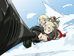 Rule 34 | 2girls, action, blonde hair, blue eyes, blue sky, brown hair, cloud, day, dog tail, erica hartmann, flying, gun, holding, holding gun, holding weapon, long sleeves, machine gun, mg42, military, military uniform, multicolored hair, multiple girls, open mouth, short hair, siblings, sisters, sky, strike witches, strike witches: suomus misfits squadron, striker unit, tail, twins, two-tone hair, umanosuke, uniform, ursula hartmann, weapon, wind, world witches series