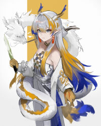 Rule 34 | 1girl, absurdres, arknights, bare shoulders, beads, blonde hair, brown horns, closed mouth, dragon, dragon girl, dragon horns, dress, earrings, eastern dragon, feet out of frame, gradient hair, grey eyes, hair between eyes, hair intakes, highres, holding, holding sword, holding weapon, horns, jewelry, light smile, long dress, long hair, long sleeves, looking at viewer, multicolored hair, necklace, off shoulder, pointy ears, purple hair, purple horns, s 4ik4, shu (arknights), solo, standing, strapless, strapless dress, sword, weapon, white background, white dress, white hair, white horns, yellow background