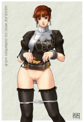 Rule 34 | 1girl, alternate costume, azasuke, black dress, black thighhighs, brown eyes, brown hair, censored, chai xianghua, china dress, chinese clothes, clothes lift, dress, dress lift, earrings, highres, jewelry, panties, panty pull, pussy, short hair, solo, soul calibur, soulcalibur, soulcalibur ii, standing, thighhighs, underwear, white panties, zettai ryouiki