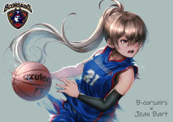 Rule 34 | 1girl, absurdres, afterimage, arm warmers, azur lane, ball, bare shoulders, basketball, basketball (object), basketball uniform, blue shirt, blue shorts, breasts, brown hair, brown nails, character name, clothes writing, collarbone, commentary request, cowboy shot, floating hair, grey background, hair between eyes, highres, holding, holding ball, jean bart (azur lane), logo, long hair, looking to the side, medium breasts, open mouth, ponytail, red eyes, shirt, shorts, sidelocks, simple background, solo, sportswear, standing, teeth, very long hair, yakkuro