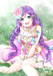 Rule 34 | 1girl, absurdres, artist name, artist request, back bow, bare legs, blush, bow, breasts, butterfly hair ornament, choker, cleavage, female focus, flower, grass, green eyes, hair flower, hair ornament, hairclip, highres, jewelry, long hair, looking at viewer, love live!, love live! school idol festival, love live! school idol project, medium breasts, nota, nota i30, parted lips, pink bow, pink choker, pink flower, pink skirt, purple hair, sitting, skirt, smile, solo, star (symbol), star hair ornament, tojo nozomi, twintails, white wrist cuffs, wrist cuffs