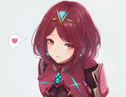Rule 34 | 1girl, armor, breasts, cleavage, earrings, gem, grey background, heart, jewelry, large breasts, leonmandala, looking at viewer, nintendo, parted lips, pink lips, pyra (xenoblade), red eyes, red hair, short hair, shoulder armor, simple background, smile, solo, speech bubble, spoken heart, swept bangs, tiara, upper body, xenoblade chronicles (series), xenoblade chronicles 2
