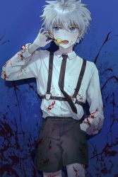 Rule 34 | 1boy, absurdres, black necktie, black shorts, blood, blood on clothes, blood on face, blood on hands, blood on leg, blood splatter, blue background, blue eyes, buttons, candy, collared shirt, commentary, dress shirt, food, hand in pocket, hand up, harness, high-waist shorts, highres, holding, holding candy, holding food, hunter x hunter, killua zoldyck, lollipop, looking to the side, male focus, messy hair, mmo (mmo omm938), necktie, open mouth, shirt, shirt tucked in, shorts, sideways glance, solo, spiked hair, standing, teeth, white hair, white shirt