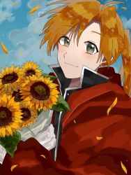 Rule 34 | 1boy, alphonse elric, bad id, bad pixiv id, black shirt, bouquet, brown hair, coat, conqueror of shambala, day, flower, fullmetal alchemist, gloves, grey eyes, happy, highres, leaf, long hair, looking at viewer, male focus, petals, ponytail, red coat, shirt, sky, smile, solo, sunflower, yuuremon