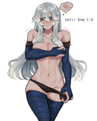 Rule 34 | 1girl, absurdres, ashe (league of legends), bare shoulders, black panties, blue gloves, blue thighhighs, blush, breasts, cookie3w3, cowboy shot, elbow gloves, fingerless gloves, gloves, grey hair, groin, highres, large breasts, league of legends, long hair, meme, navel, panties, simple background, solo, spoken blush, thighhighs, trembling, twitter strip game (meme), underwear, undressing, white background