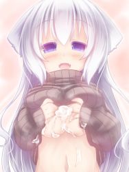 Rule 34 | 1girl, breasts, clothes lift, cum, long hair, nightmare cat, original, purple eyes, solo, sweater, sweater lift, white hair