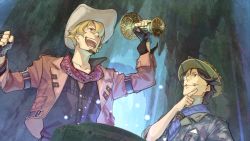 Rule 34 | 10s, 2boys, arm belt, atelier (series), atelier escha &amp; logy, black gloves, black hair, blonde hair, camouflage, chalice, clenched hand, collarbone, cowboy hat, cup, dutch angle, facial hair, fingerless gloves, game cg, gloves, goatee, hair over one eye, harry olson, hat, hidari (left side), holding, jacket, male focus, monocle, multiple boys, mustache, official art, open mouth, reyfer luckberry