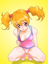 Rule 34 | 00s, 1girl, agahat, breasts, brown hair, clothes pull, downblouse, eyelashes, flashing, fresh precure!, highres, momozono love, nipple slip, nipples, panties, pantyshot, pink eyes, pink panties, precure, shirt pull, solo, squatting, twintails, underwear