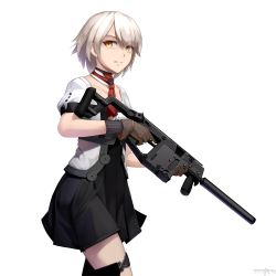Rule 34 | 1girl, absurdres, artist name, bad id, bad pixiv id, brown eyes, brown gloves, choker, commentary, cowboy shot, dress, frown, girls&#039; frontline, gloves, grey hair, gun, hair over one eye, highres, holding, holding gun, holding weapon, kriss usa, kriss vector, looking to the side, magpul, multicolored clothes, multicolored dress, red neckwear, serious, short hair, short sleeves, solo, standing, submachine gun, suppressor, transformational defense industries, vector (girls&#039; frontline), vectorek, walking, weapon, white background, yellow eyes