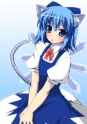 Rule 34 | 1girl, :o, animal ears, blue eyes, blue hair, blush, cat ears, cat tail, cirno, hair ribbon, ice, ice wings, kemonomimi mode, masiromu, matching hair/eyes, open mouth, puffy sleeves, ribbon, short hair, short sleeves, solo, tail, touhou, v arms, wings