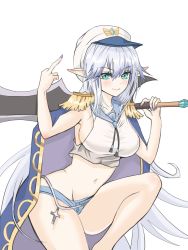 Rule 34 | 1girl, absurdres, arm up, armpits, artist request, bare arms, blue eyes, blue shorts, breasts, claymore (sword), coat, coat on shoulders, commentary, commission, crop top, cross, drawstring, dungeon and fighter, epaulettes, hat, highres, holding, holding sword, holding weapon, large breasts, long hair, looking at viewer, micro shorts, middle finger, midriff, nail polish, navel, over shoulder, peaked cap, pointy ears, revealing clothes, sailor collar, sailor shirt, second-party source, shirt, shorts, sideboob, sidelocks, sleeveless, sleeveless shirt, smile, solo, stomach, sword, thighs, very long hair, weapon, weapon over shoulder, white hair, white hat, white shirt