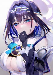 Rule 34 | 1girl, absurdres, black gloves, black hair, blue bow, blue eyes, blush, bow, bow earrings, breasts, chain, clothing cutout, covered mouth, detached sleeves, earrings, embarrassed, gloves, hair intakes, highres, hololive, hololive english, jewelry, large breasts, looking to the side, mile (off8mile), ouro kronii, ouro kronii (1st costume), solo, underboob, underboob cutout, virtual youtuber